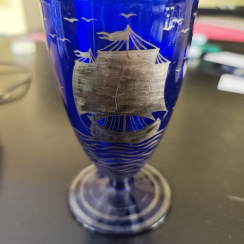Vintage cobalt blue vase with silver ship used, 15cm