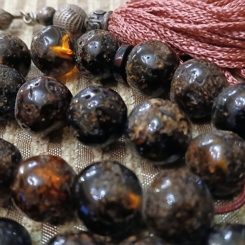 Amber Worry Beads used, Baltic amber, silver elements, 33 beads