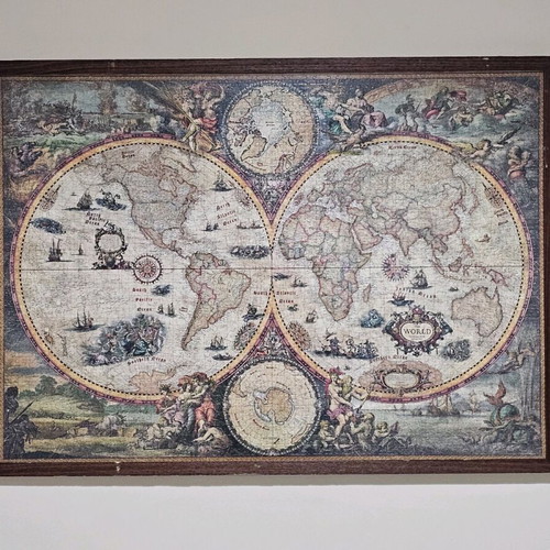 Antique World Map puzzle 2000 pieces used, framed