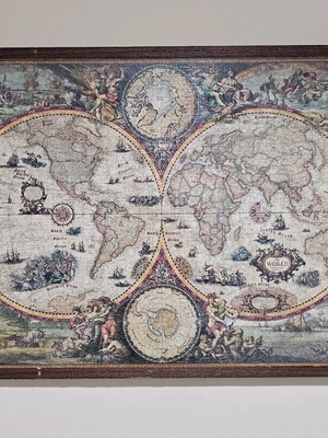 Antique World Map puzzle 2000 pieces used, framed