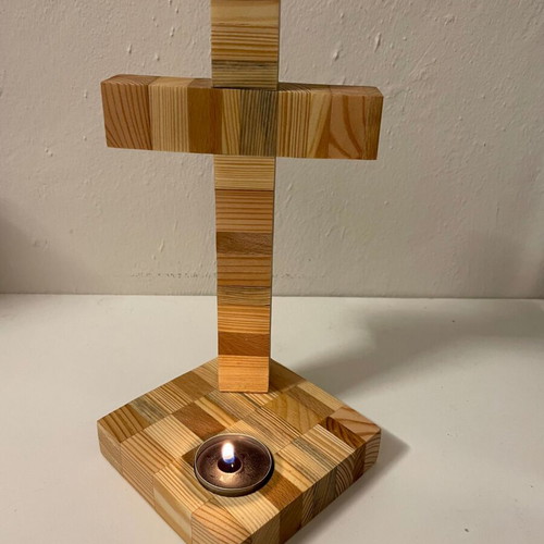 Handmade wooden cross with tealight holder new