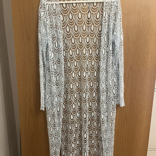 White lace maxi kimono cardigan like new, size M/L, turquoise accents