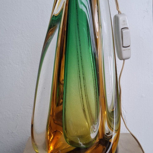 Murano Sommerso Table Lamp used, hand-blown green and amber glass with brass ring
