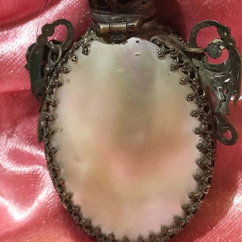 French antique perfume bottle used, mother of pearl with gilded bronze