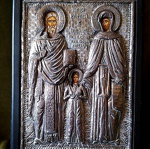 Ασημένια Εικόνα Βυζαντινής Αγιογραφίας «Οι Άγιοι Ραφαήλ, Νικόλαος και Ειρήνη»
