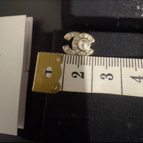 Chanel Classic Mini Logo Light Gold Stud Earrings like new with pearl