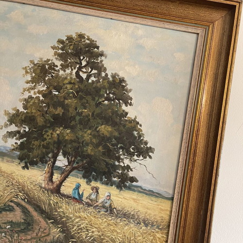 Oil painting on canvas by G. Andrikopoulos like new, traditional Greek harvest