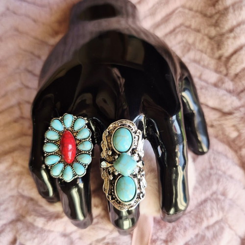Boho rings new, silver color with turquoise stones, adjustable size set of two