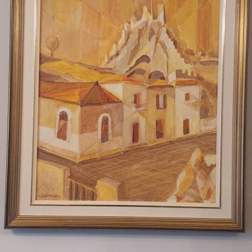 Painting by Y. G. Androulakis used, landscape with castle and settlement