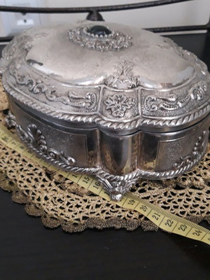 Vintage jewelry box used, silver-plated with embossed designs and black stone