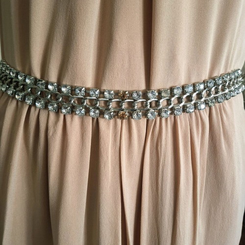 Douuod silk maxi dress like new, beige with rhinestone belt