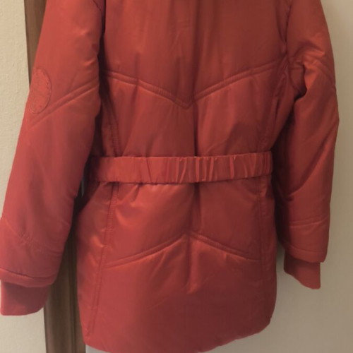 Mandarino red jacket with belt and hidden hood, like new, 3 years