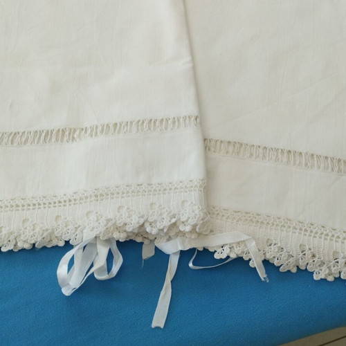 Pair of Handmade Bridal Pillowcases with Crochet Lace and Azur Motif