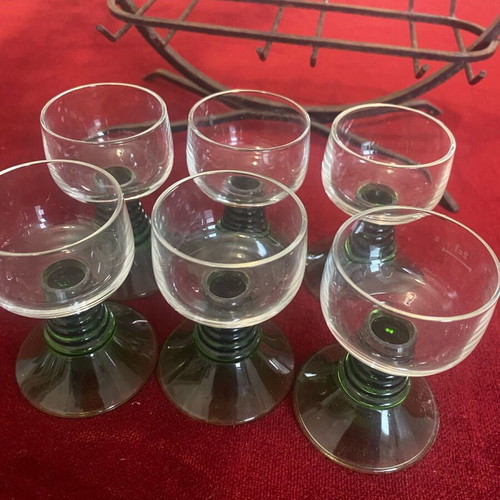Vintage metal stand with six hanging liqueur glasses like new
