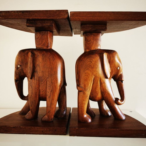 Handmade wooden carved elephant figurines set of 2 like new