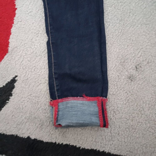 Elastic denim pants new, s-m, dark blue with red details
