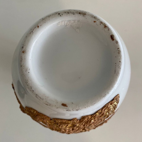 Vintage white opaline vase with embossed gold peacocks, 26 cm