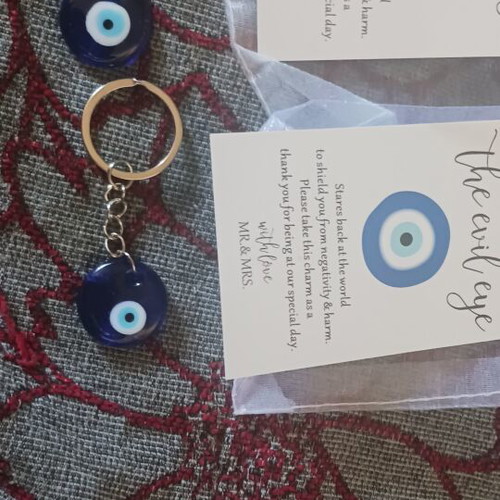 Set of 2 blue evil eye keychains with card and transparent pouch
