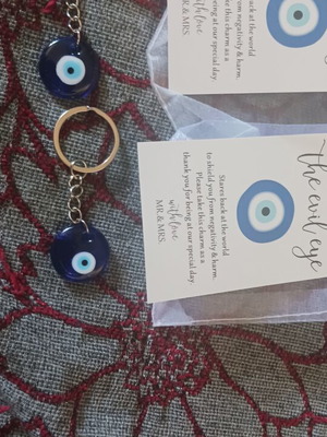 Set of 2 blue evil eye keychains with card and transparent pouch