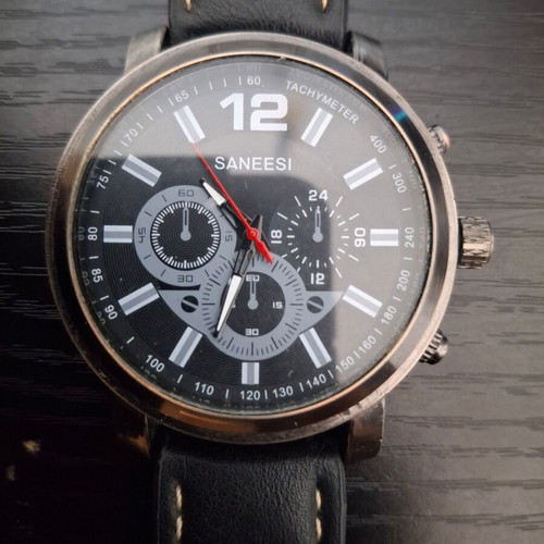 Saneesi men's watch used, black leather strap, chronograph