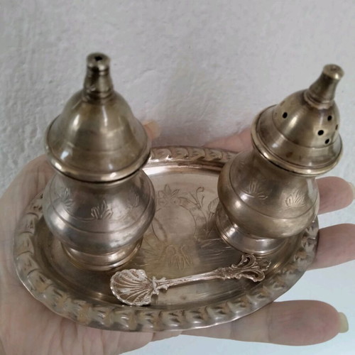 Vintage silver-plated salt and pepper shaker set with tray