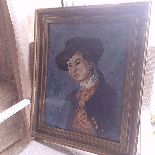 Handmade embroidered tapestry like new with wooden frame