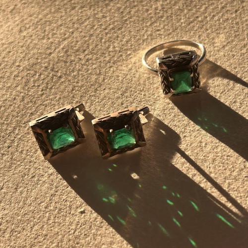 Vintage 925 Silver Ring and Earrings Set with Green Emerald Stones