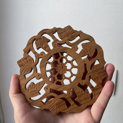 Vintage wooden coaster set 6 pieces with carved design and holder