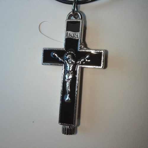 Metal opening cross new with black enamel and adjustable cord