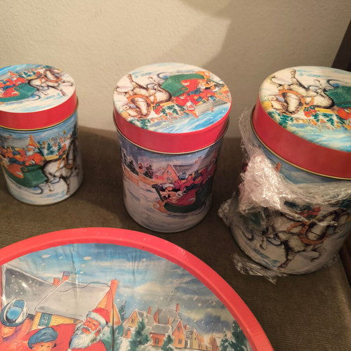 Christmas platter with three metal storage jars like new