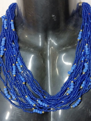 Vintage Royal Blue Necklace with Gold Details and Natural Beads
