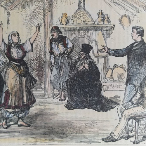 Hand-colored woodcut 1879 Cyprus village Eptakomi used