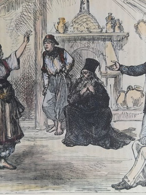 Hand-colored woodcut 1879 Cyprus village Eptakomi used