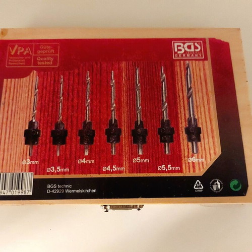 BGS Technic Wood Drill Bit Set with Countersink 7pcs new