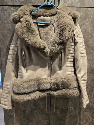 Jacket gray with eco fur and lining new, size L