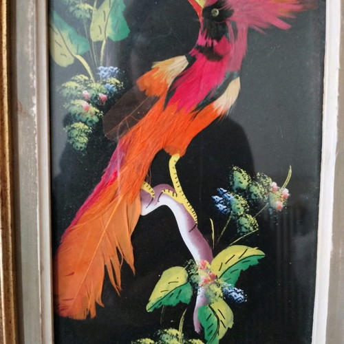Set of vintage hand-painted art with natural feathers used