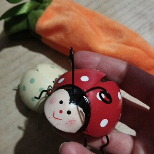 Spring decorations used, pack with 2 metal ladybugs and carrot pouch