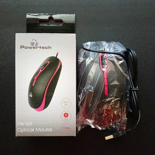 Powertech Wired Optical Mouse new, black with pink details