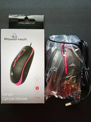 Powertech Wired Optical Mouse new, black with pink details