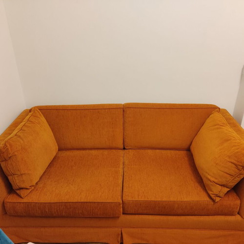 Karageorgiou two-seater sofa used, chenille fabric, solid wood