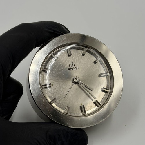 UTI Design vintage mechanical table clock used, metal, silver