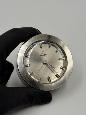 UTI Design vintage mechanical table clock used, metal, silver