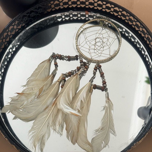 Dreamcatcher earring used with beige and brown feathers