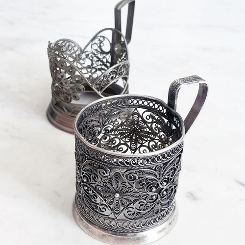Soviet Silver-Plated Filigree Tea Glass Holders Pair Used