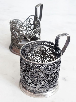 Soviet Silver-Plated Filigree Tea Glass Holders Pair Used