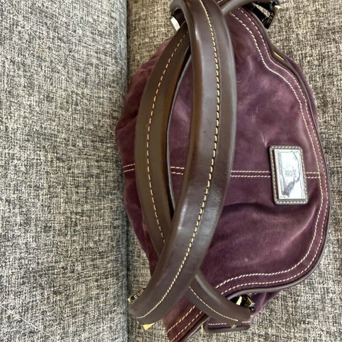 KEM suede and leather handbag used, purple and yellow