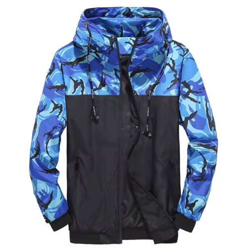 Men's windbreaker jacket with hood, blue camouflage, size M