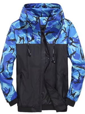 Men's windbreaker jacket with hood, blue camouflage, size M