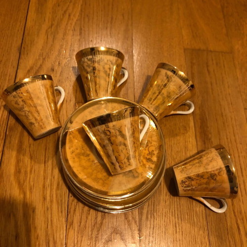 Coffee set used, gold-orange, 5 cups and 6 saucers, antique