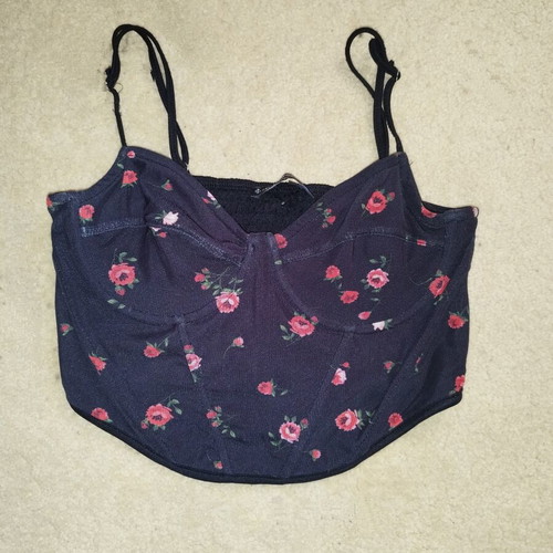Stradivarius floral corset top used, adjustable straps, black and pink